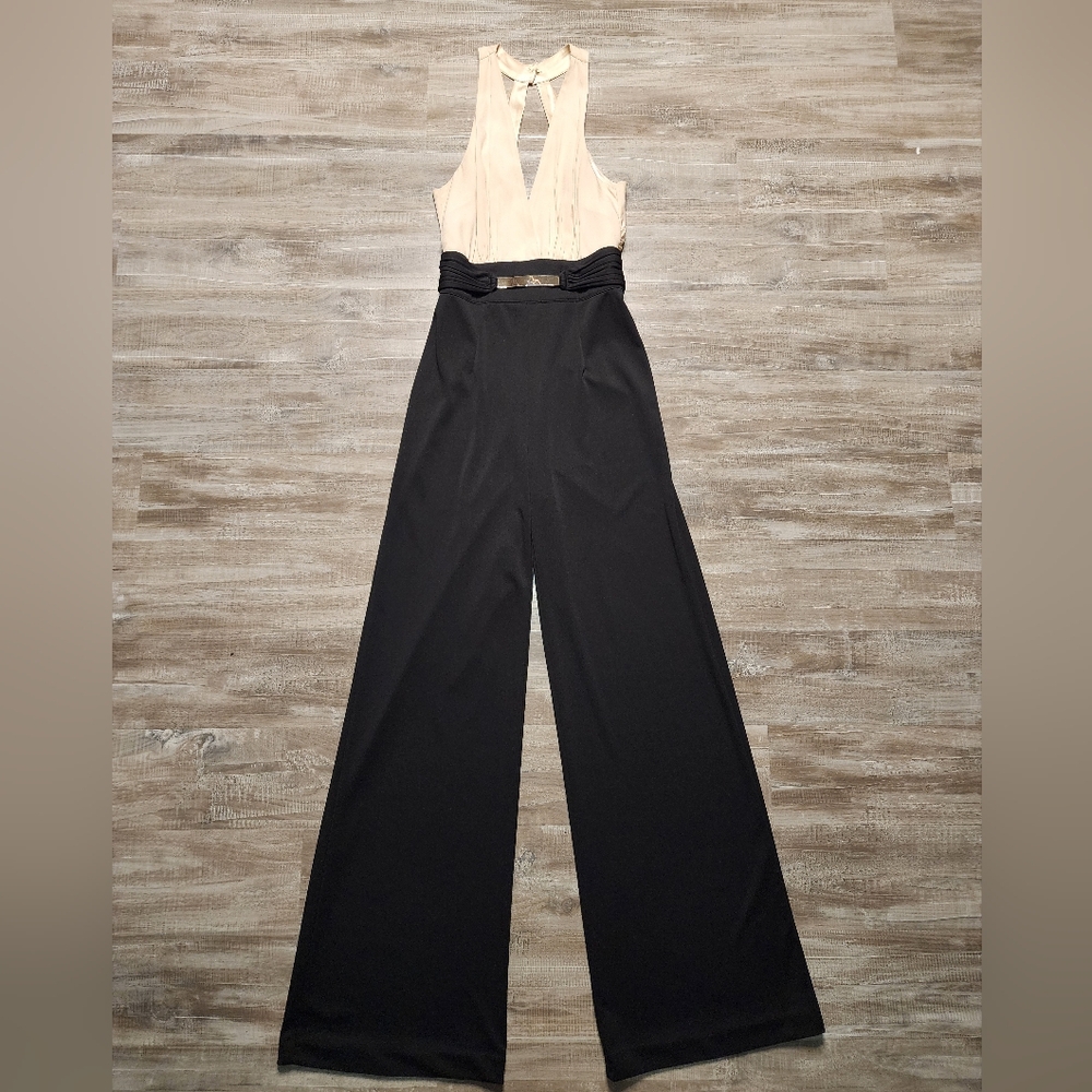 Bebe Black and Cream Halter Jumpsuit